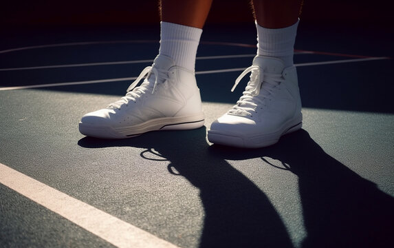Players' sport shoes on the court, indicating the intensity of the game. Generative AI