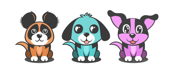 Vector set of cartoon funny cute little mongrel puppies. Color dog stickers or icons. Beautiful graphic doggys.