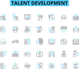 Talent development linear icons set. Growth, Learn, Progression, Coaching, Capability, Development, Learning line vector and concept signs. Competence,Improvement,Excellence outline illustrations