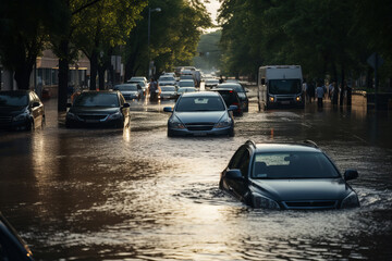 Cars submerged in flood water. Generative ai - obrazy, fototapety, plakaty