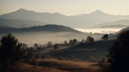 Fototapeta premium Hazy mist on a distant mountain range. AI generated