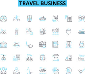 Travel business linear icons set. Adventure, Exotic, Leisure, Culture, Destination, Escape, Expedition line vector and concept signs. Relaxation,Getaway,Oasis outline illustrations