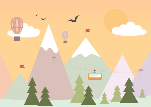Vector illustration of mountains. Photo wallpapers for children. Ski resort. Sun, clouds, mountains, cable car. Coniferous forest. A vivid illustration. Balloons in the sky.