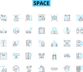 Space linear icons set. Cosmos, Universe, Galactic, Celestial, Astronomy, Extraterrestrial, Nebula line vector and concept signs. Starry,Interstellar,Planet outline illustrations