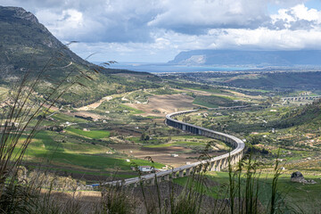 Countryside landscape as seen from the ancient town of Segesta, Sicily, Italy 