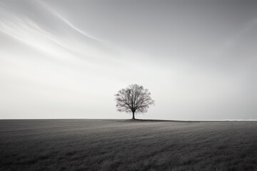 Fototapeta na wymiar a lone tree stands alone in a foggy field