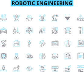 Naklejka na ściany i meble Robotic engineering linear icons set. Automation, Robotics, Innovation, Mechanization, Programming, Manufacture, Artificial intelligence line vector and concept signs. Machine learning,Automation