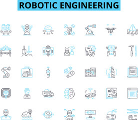 Robotic engineering linear icons set. Automation, Robotics, Innovation, Mechanization, Programming, Manufacture, Artificial intelligence line vector and concept signs. Machine learning,Automation