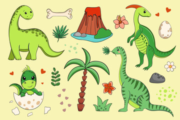 jurassic animals retro cartoon dinosaur or dino vector set