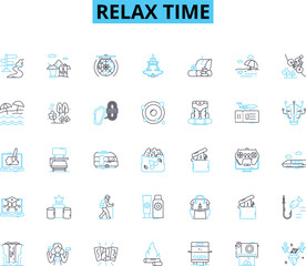 Relax time linear icons set. Serenity, Tranquility, Calmness, Bliss, Peacefulness, Repose, Chillaxing line vector and concept signs. Comfort,Leisure,Composure outline illustrations