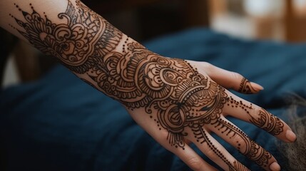 Intricate henna tattoo on hand, close-up. AI generated