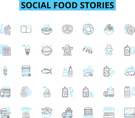 Social food stories linear icons set. Foodies, Culinary, Recipes, Ingredients, Cooking, Blogging, Sharing line vector and concept signs. Community,Eatery,Reviews outline illustrations