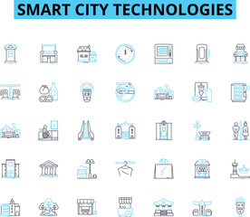 Smart city technologies linear icons set. IoT, Sustainability, Automation, Innovation, Digitalization, Connectivity, Mobility line vector and concept signs. Energy,Security,Efficiency outline