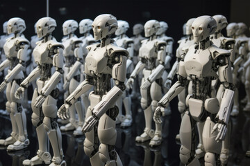 Crowd of white AI humanoid robots standing in a row. Generative AI
