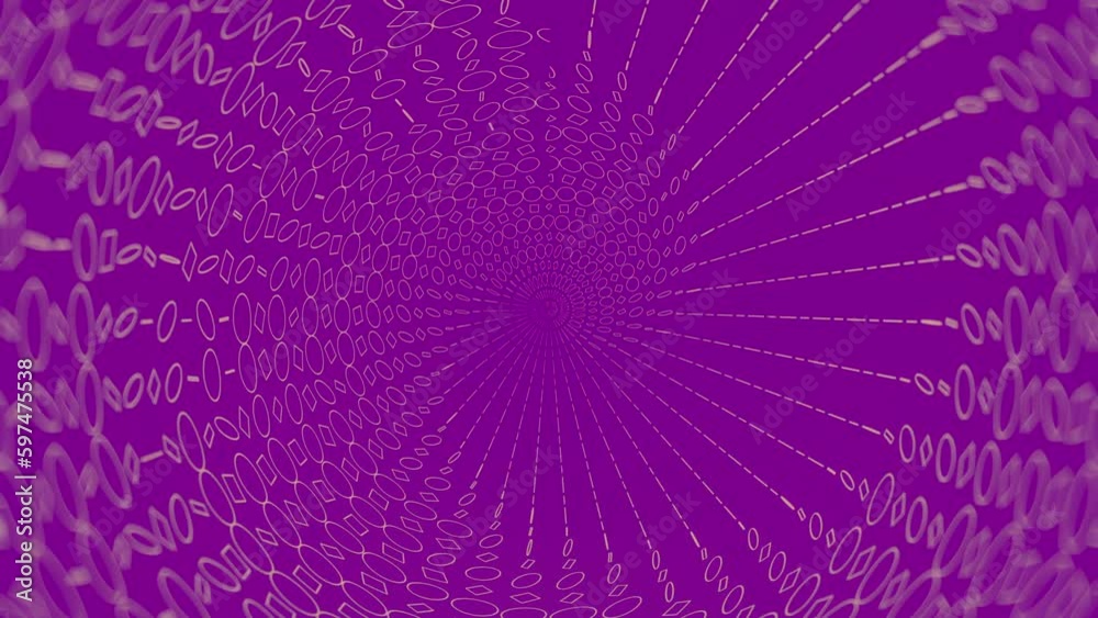 Poster Spiral divergent wave of chaotically rotating flat circles and squares on purple background. Abstract creative design background. Digital seamless loop animation. 3d rendering. 4K, Ultra HD resolution