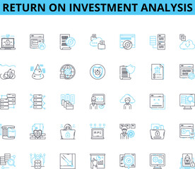 Return on investment analysis linear icons set. Profitability, Capital, Ratio, Efficiency, Return, Growth, Inventory line vector and concept signs. Valuation,Investment,Income outline illustrations