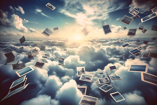 uploading memories and dreams to computers is possible, background with clouds and photos uploading concept, generative ai