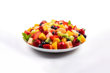 Fruit berry salad on a plate isolated on a white background. Created with Generative AI Technology