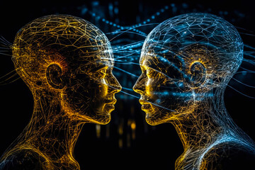 Hive mind and telepathy concept, two luminous humans illustration on dark background, generative ai - obrazy, fototapety, plakaty