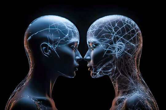 two human head with a luminous brain network, consciousness, skills and knowledge, generative ai