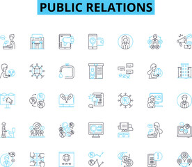 Public relations linear icons set. Communications, Reputation, Branding, Media, Crisis, Messaging, Advocacy line vector and concept signs. Stakeholders,Image,Publicity outline illustrations