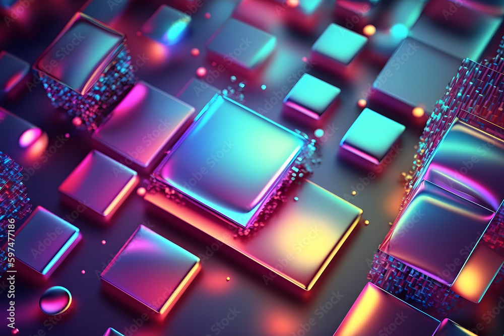 Wall mural abstract background with neon holographic square elements. neural network ai generated art