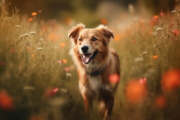 Close up image of a dog in a field of flowers Generative AI