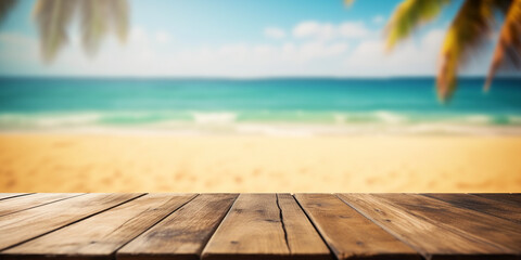Empty wooden table on a beautiful blured tropical beach background. generative ai. Summer holiday background for product display