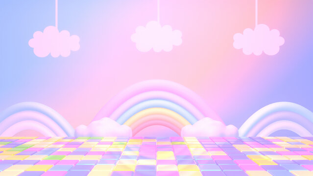 3d rendered cartoon disco floor with rainbows and clouds.