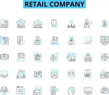 Retail company linear icons set. Products, Sales, Store, Brand, Promotions, Customer, Marketing line vector and concept signs. Discounts,Inventory,Services outline illustrations