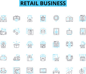 Retail business linear icons set. Inventory, Sales, Customer, Marketing, E-commerce, Loyalty, Advertising line vector and concept signs. Display,Merchandise,Promotion outline illustrations