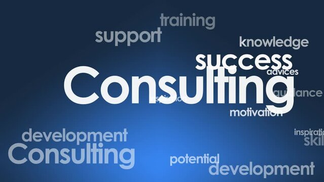 Consulting development consultant coach coaching training success skills words tag cloud video animation blue background white text