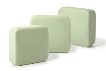 Three pieces of green toilet soap on a white background. Full depth of field. With clipping path