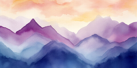 Watercolor background. Beautiful simple watercolor painting of mountains during dusk. generative ai. Watercolour background with beautiful cold hues