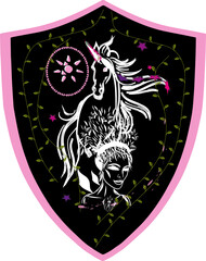 Elf and unicorn, fairy tale. Coat of arms, emblem, shield, tattoo design