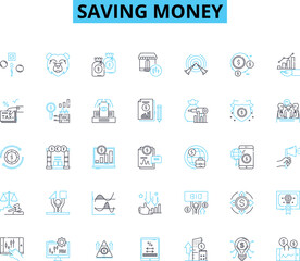 Saving money linear icons set. Frugality, Budgeting, Thriftiness, Discounts, Coupons, Bargains, Economy line vector and concept signs. Cutbacks,Inexpensive,Saver outline illustrations