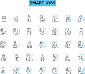 Smart jobs linear icons set. Innovation, Flexibility, Efficiency, Automation, Telecommuting, Empowerment, Digitization line vector and concept signs. Intelligence,Optimization,Workforce outline