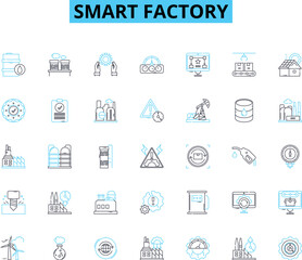 Smart factory linear icons set. Automation, Robotics, IoT, Industry , Data, Quality, Efficiency line vector and concept signs. Collaboration,Innovation,Predictive outline illustrations