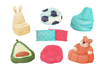 Set of colored bean bag chair isolated on white background.