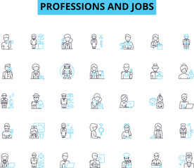 Professions and jobs linear icons set. Engineer, Architect, Doctor, Lawyer, Teacher, Photographer, Chef line vector and concept signs. Writer,Accountant,Salesperson outline illustrations - obrazy, fototapety, plakaty