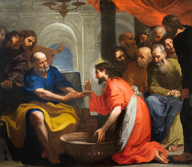 GENOVA, ITALY - MARCH 7, 2023: The painting of Washing feet in the church Chiesa di Francesco da...