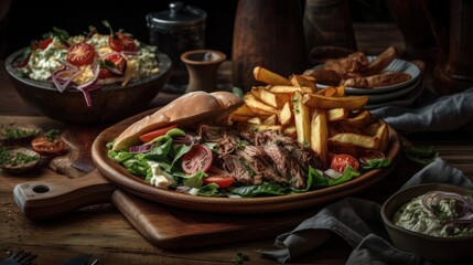 Obraz premium Rustic gyros plate with green salad and pita, generative ai