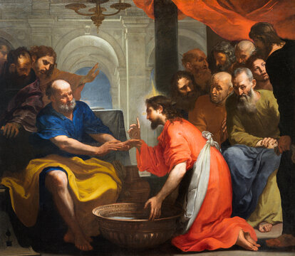 GENOVA, ITALY - MARCH 7, 2023: The painting of Washing feet in the church Chiesa di Francesco da Paola by  Orazio de Ferrari (1606 - 1657).