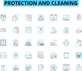 Protection and cleaning linear icons set. rotection:, Shield, Barrier, Cover, Insulate, Armor, Fortress line vector and concept signs. Shelter,Safeguard,Buffer outline illustrations