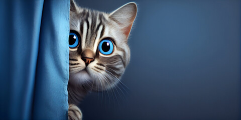 A surprised kitten peeks out from behind a blue curtain, against a uniform blue background. Generative AI