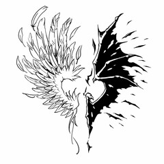 black and white illustration of an angel wing and a demon wing for tattoo idea