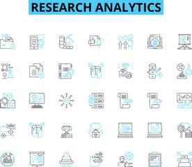 Research analytics linear icons set. Insights, Analytics, Data, Tools, Analysis, Metrics, Research line vector and concept signs. Trends,Key performance indicators (KPIs),Statistics outline
