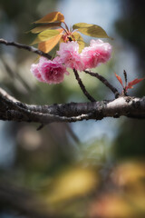 日本の新緑と八重咲の桜