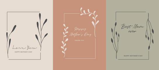 Mothers Day flower and leaf frame decoration. Botanical branch, wreath, garland illustration great for greeting card, invitation and banner.