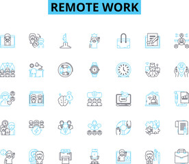 Remote work linear icons set. Flexibility, Virtual, Telecommute, Distance, Productivity, Collaboration, Autonomy line vector and concept signs. Mobility,Freedom,Independent outline illustrations